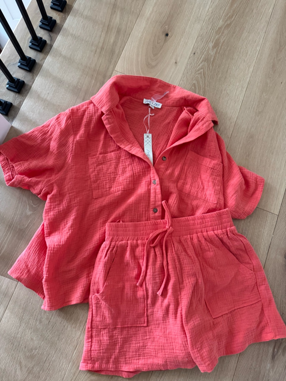 She & SkyCoral Cotton Gauze Two-Piece Set - Button Front Top & Drawstring Shorts